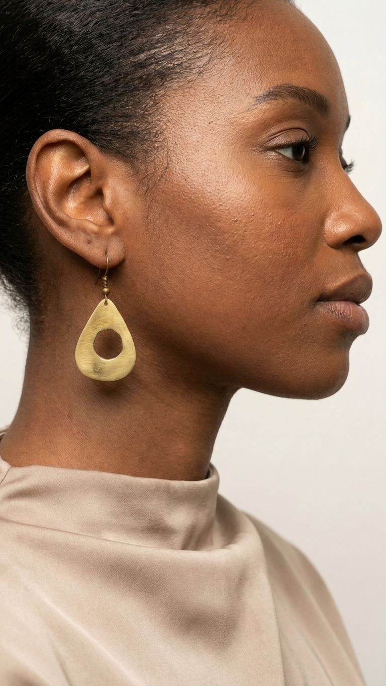 Open Tear Brass Earrings, product view, handmade artisan jewelry from Tanzania