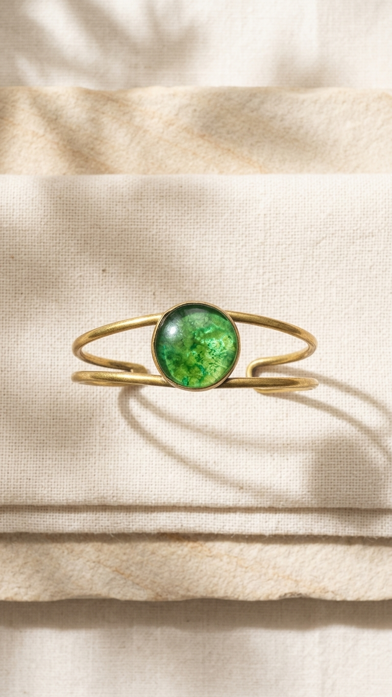 Emerald Cabochon Brass Cuff, product view, handmade artisan jewelry from Tanzania