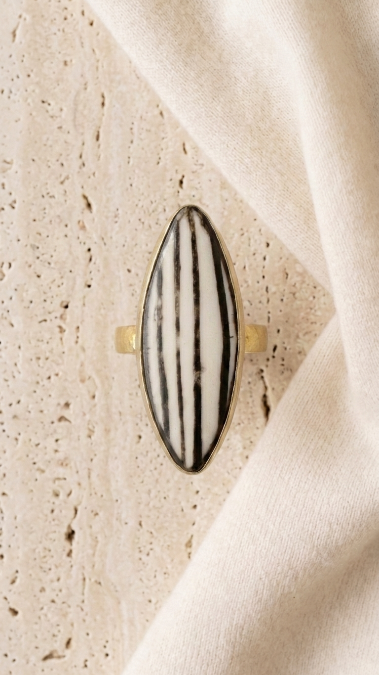 Ivory Stripe Marquise Brass Ring, product view, handmade artisan jewelry from Tanzania