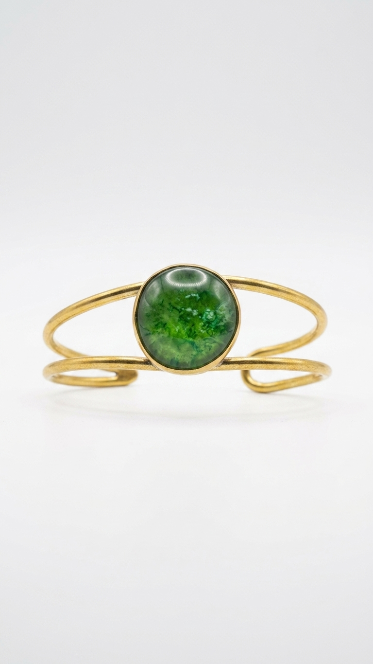 Emerald Cabochon Brass Cuff, side view, handmade artisan jewelry from Tanzania
