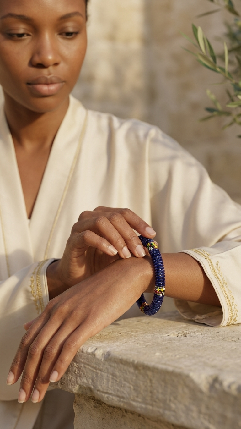Cobalt Heritage Bead Bangle, detail close-up, handmade artisan jewelry from Tanzania