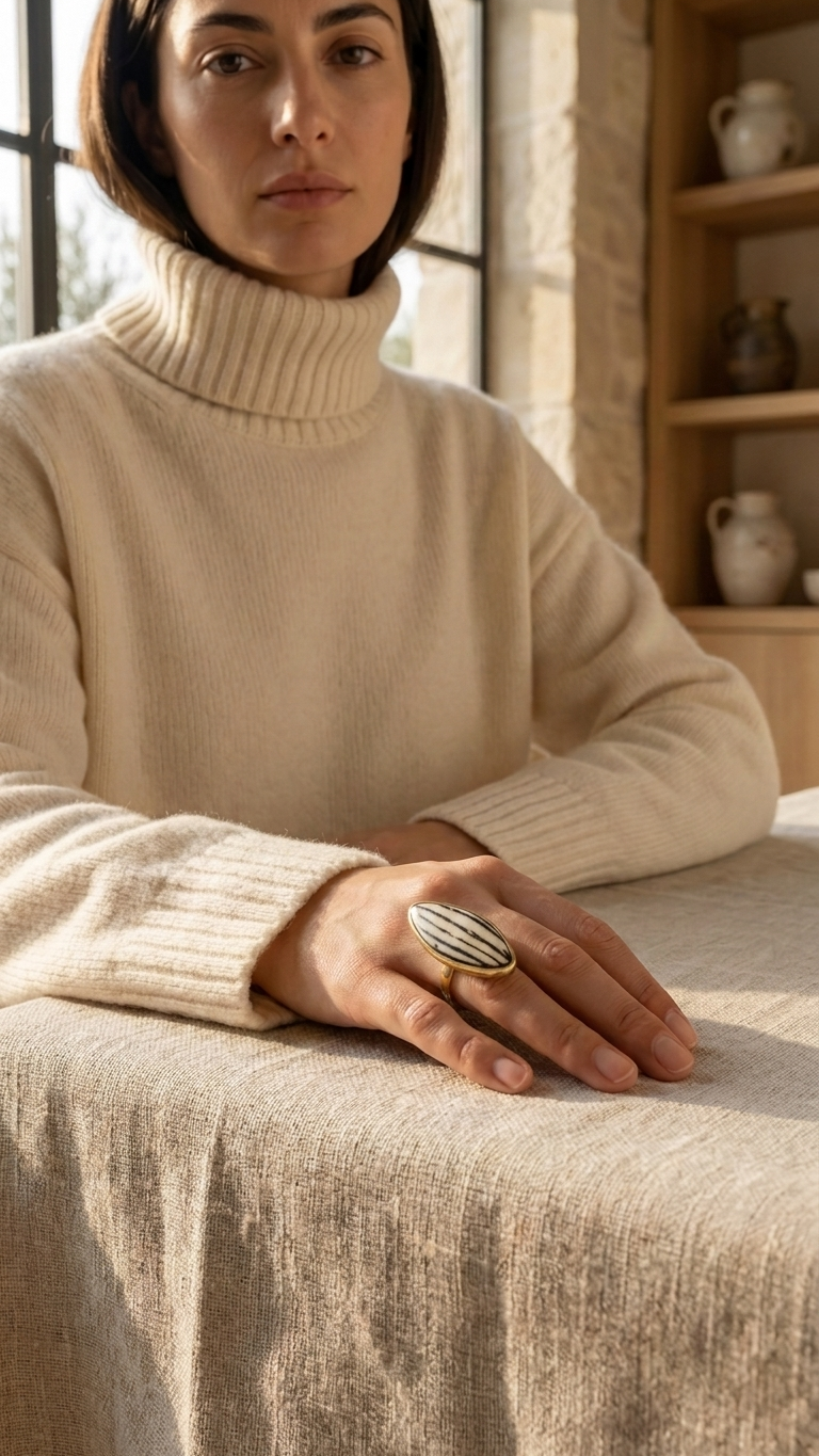 Ivory Stripe Marquise Brass Ring, alternate angle, handmade artisan jewelry from Tanzania