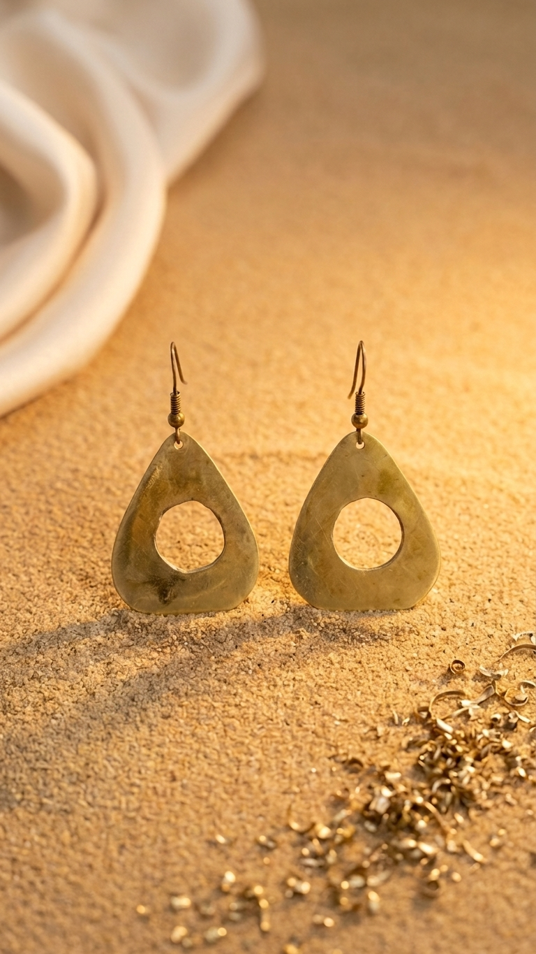 Open Tear Brass Earrings, on display, handmade artisan jewelry from Tanzania