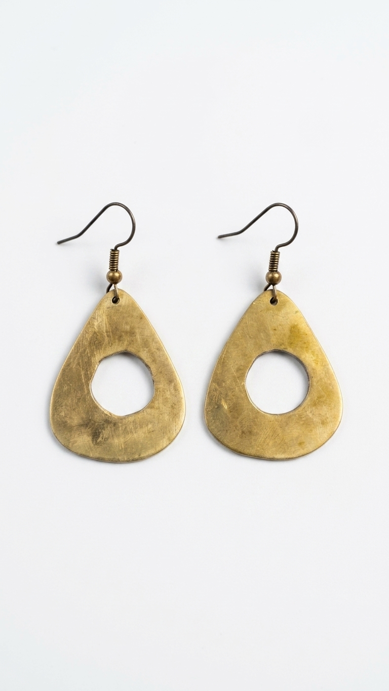 Open Tear Brass Earrings, detail close-up, handmade artisan jewelry from Tanzania