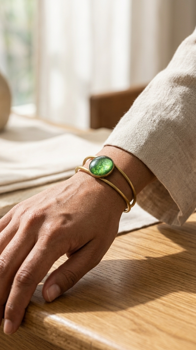 Emerald Cabochon Brass Cuff, craft detail, handmade artisan jewelry from Tanzania