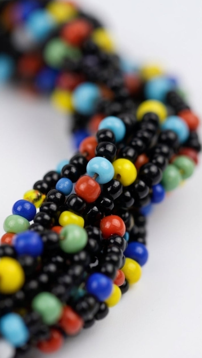 Onyx Confetti Twist Collar necklace, on display, handmade artisan jewelry from Tanzania