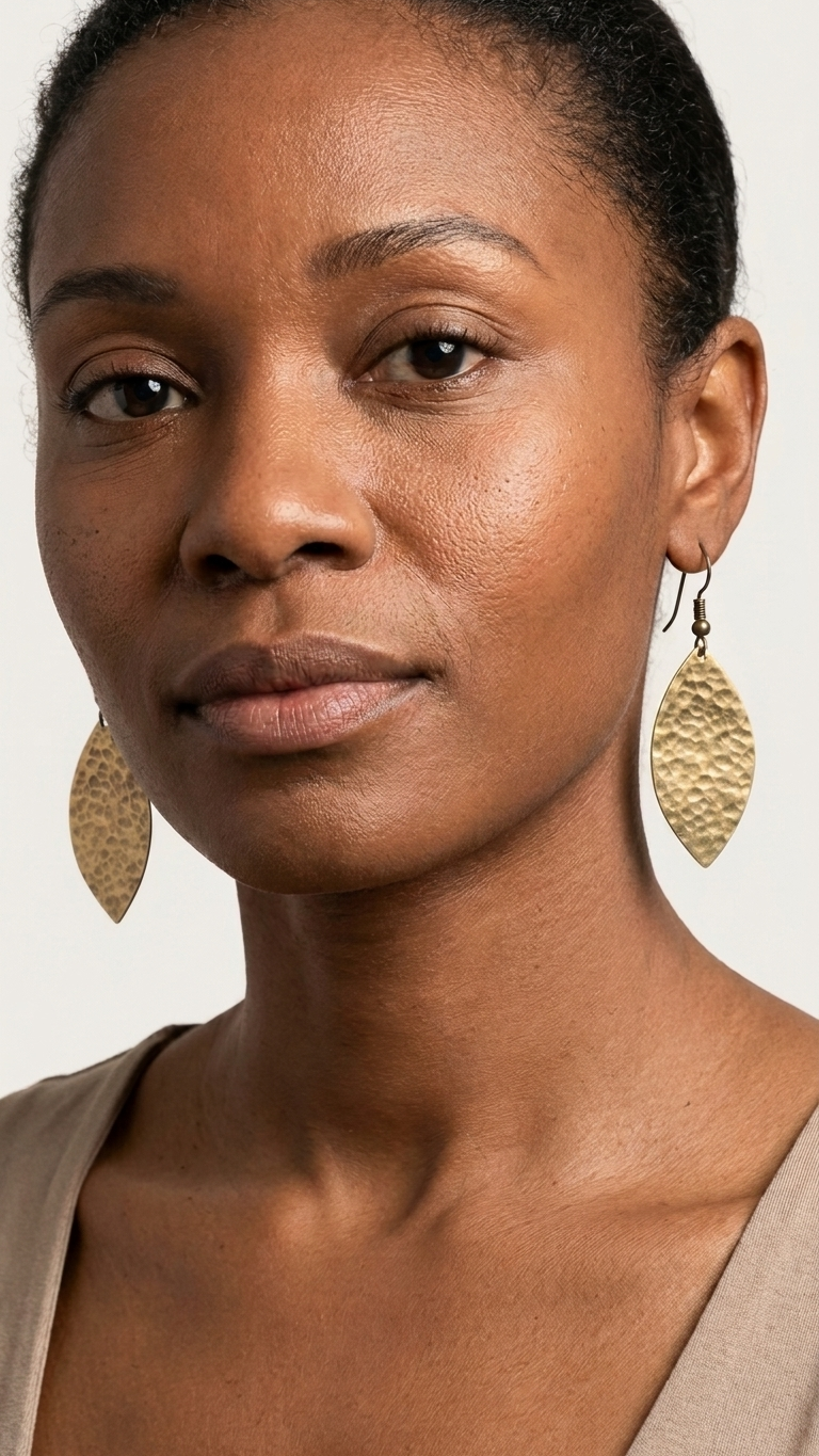 Petal Shield Brass Earrings, detail close-up, handmade artisan jewelry from Tanzania