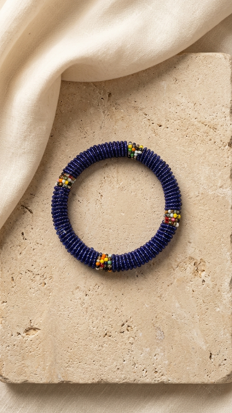 Cobalt Heritage Bead Bangle, on display, handmade artisan jewelry from Tanzania