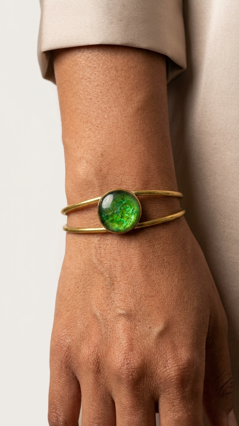 Emerald Cabochon Brass Cuff, detail close-up, handmade artisan jewelry from Tanzania