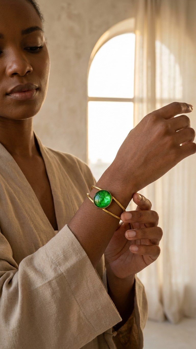 Emerald Cabochon Brass Cuff, alternate angle, handmade artisan jewelry from Tanzania