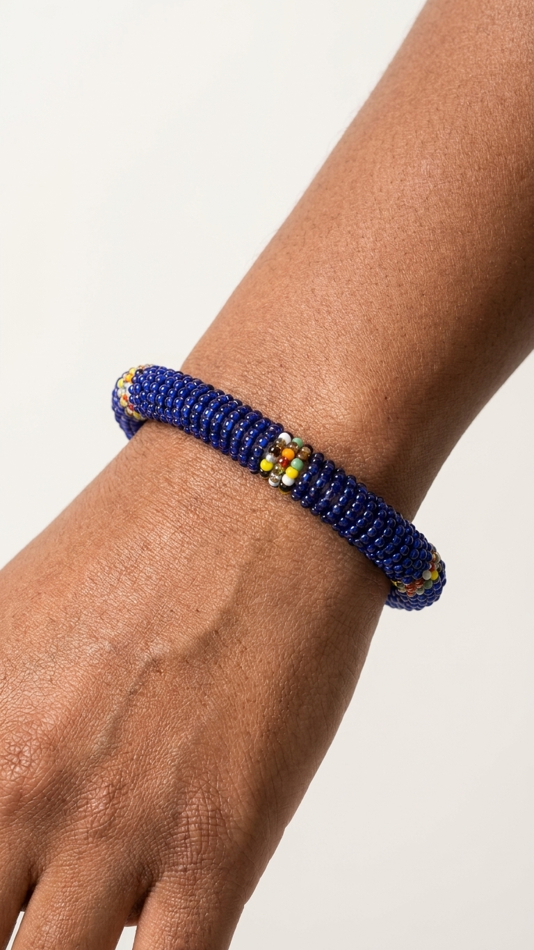 Cobalt Heritage Bead Bangle, alternate angle, handmade artisan jewelry from Tanzania