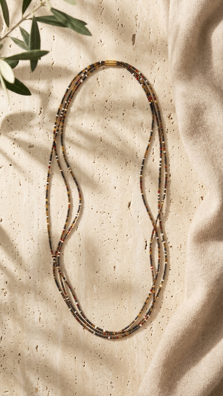 Amber Earth Multi-Strand Necklace, on display, handmade artisan jewelry from Tanzania