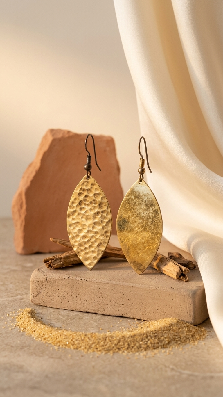 Petal Shield Brass Earrings, side view, handmade artisan jewelry from Tanzania