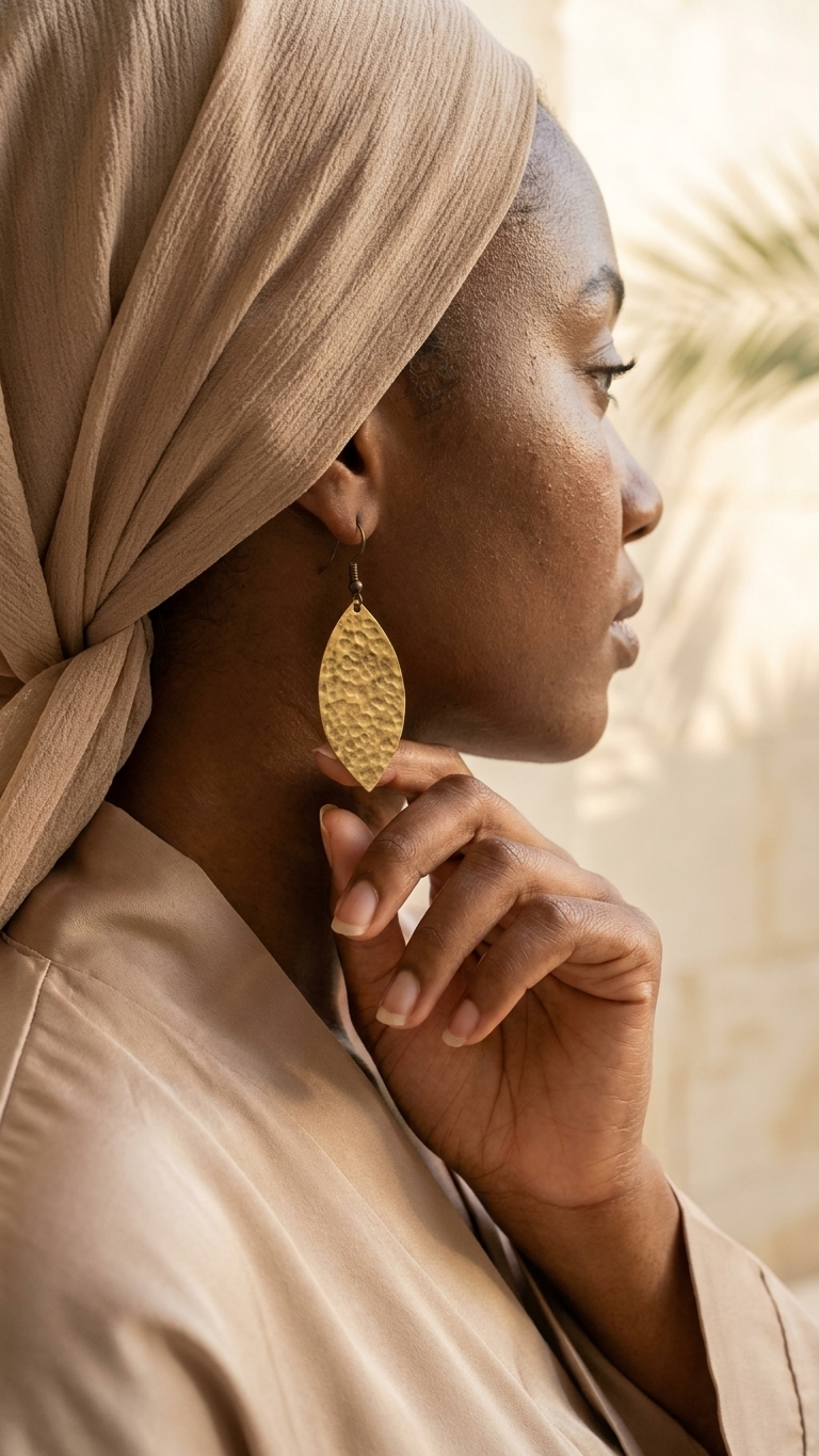Petal Shield Brass Earrings, on display, handmade artisan jewelry from Tanzania