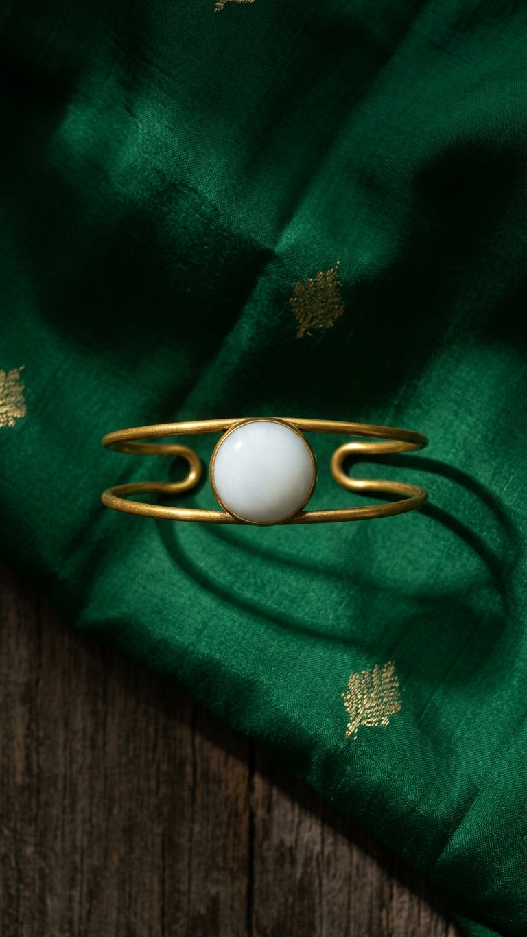 Ivory Cabochon Double-Band Brass Cuff, on display, handmade artisan jewelry from Tanzania
