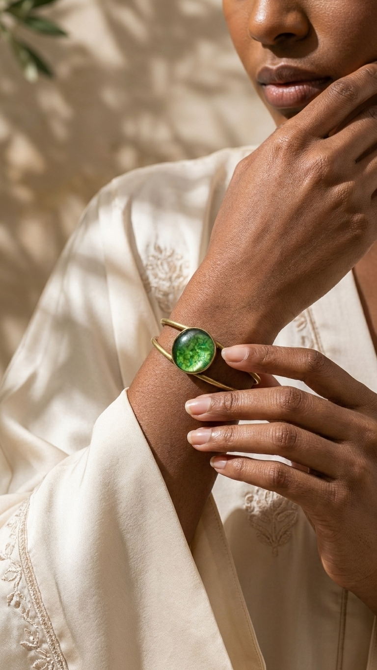 Emerald Cabochon Brass Cuff, on display, handmade artisan jewelry from Tanzania